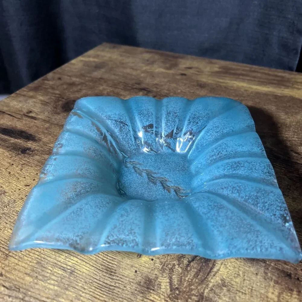 Coastal Aqua Teal Textured Glass Dish Square 6.5x6.5' Sea Inspired Accent Plate